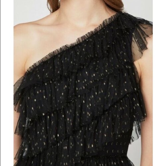 BCBGMaxAzria One Shoulder Metallic Lace Party Dress Black Golden - Picture 5 of 11